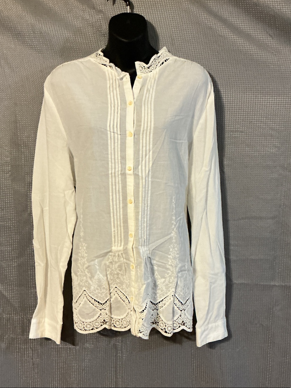 Anthropologie White Lace-Trim Pintuck Button-Down Blouse